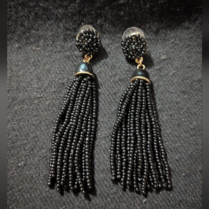 Gold Tone Black Beaded Tassel Statement Earrings